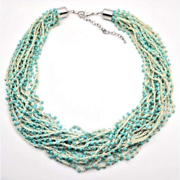 Hand Crafted Multi-Strand Delicate Crocheted Turquoise Blue Seed Bead Necklace - Picture 1 of 5